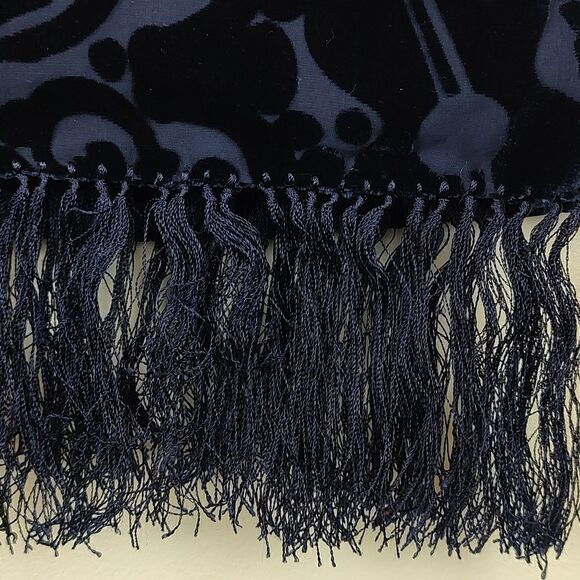 ZazouLuxe Silk Blend Navy Blue Sheer Velvet Flocked Music Inspired Fringed Scarf - Picture 3 of 8